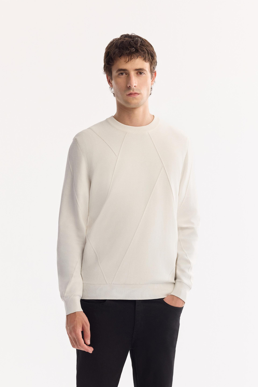 Ekru Bisiklet Yaka Ön Roba ve Kolları Örgü Detaylı Rayon Kazak