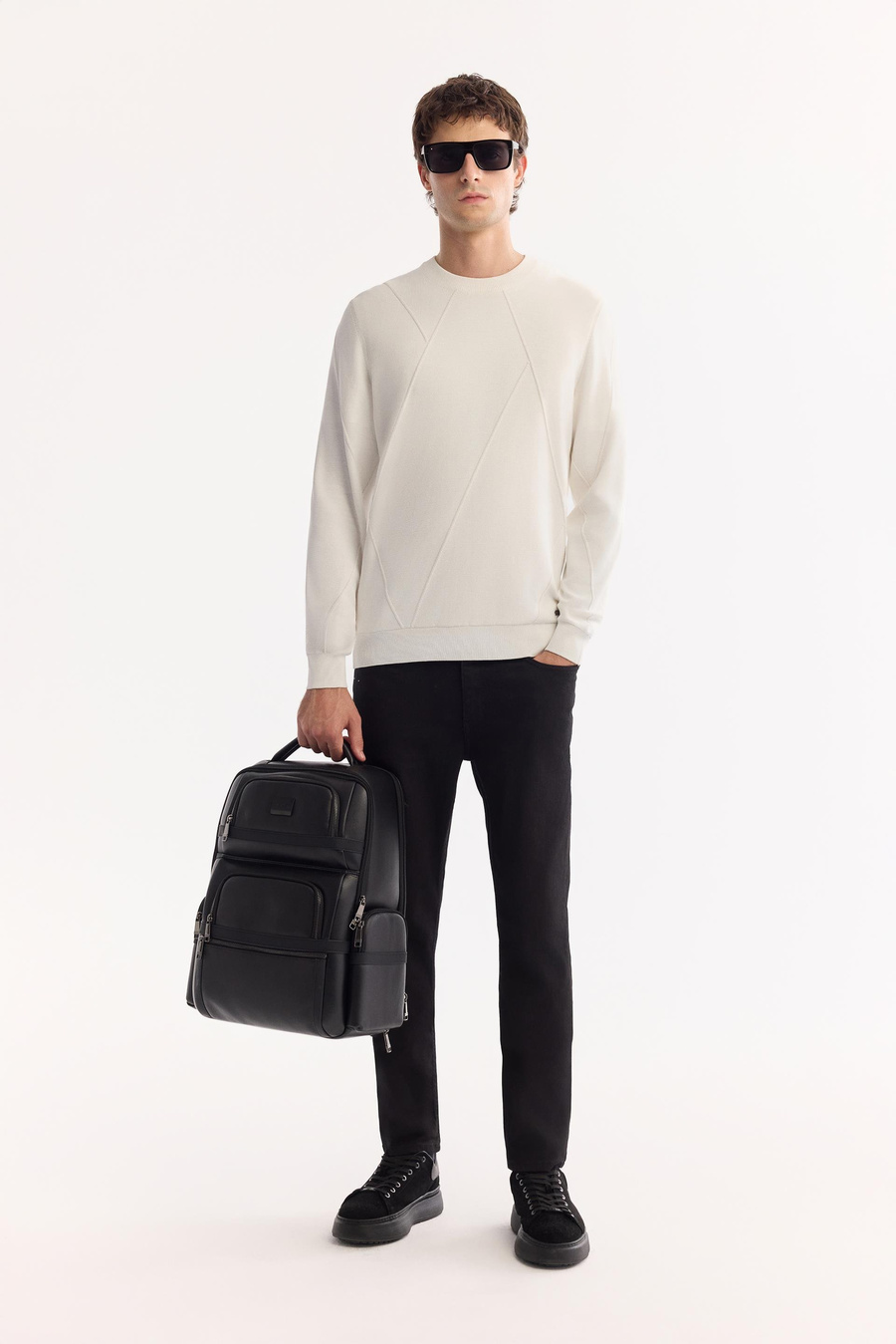 Ekru Bisiklet Yaka Ön Roba ve Kolları Örgü Detaylı Rayon Kazak