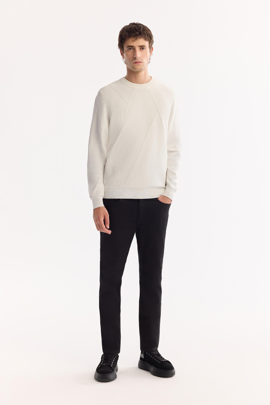 Ekru Bisiklet Yaka Ön Roba ve Kolları Örgü Detaylı Rayon Kazak