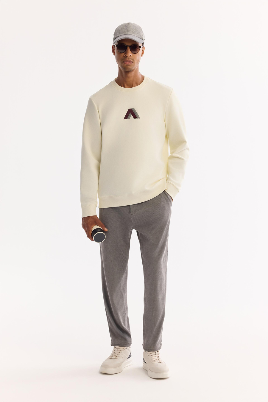 Ekru Bisiklet Yaka Ottoman  İnterlok Flok Baskı  Sweatshirt