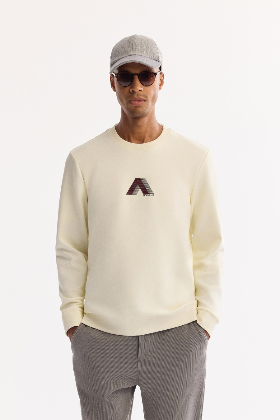 Ekru Bisiklet Yaka Ottoman  İnterlok Flok Baskı  Sweatshirt