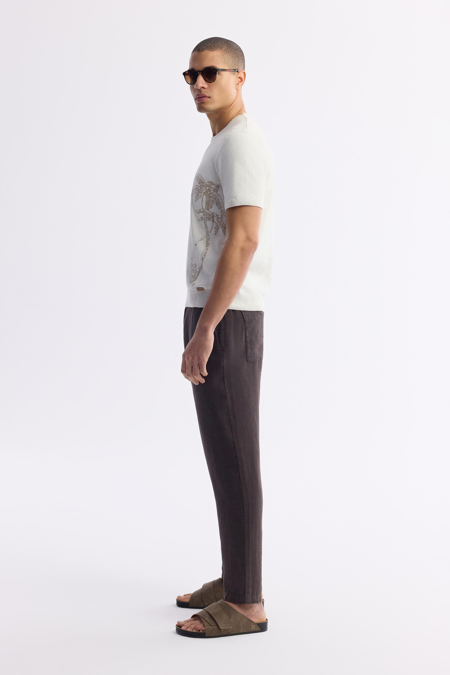 Ekru Bisiklet Yaka  Palmiye Ağaç Nakışlı Buklet İplik Triko T-shirt