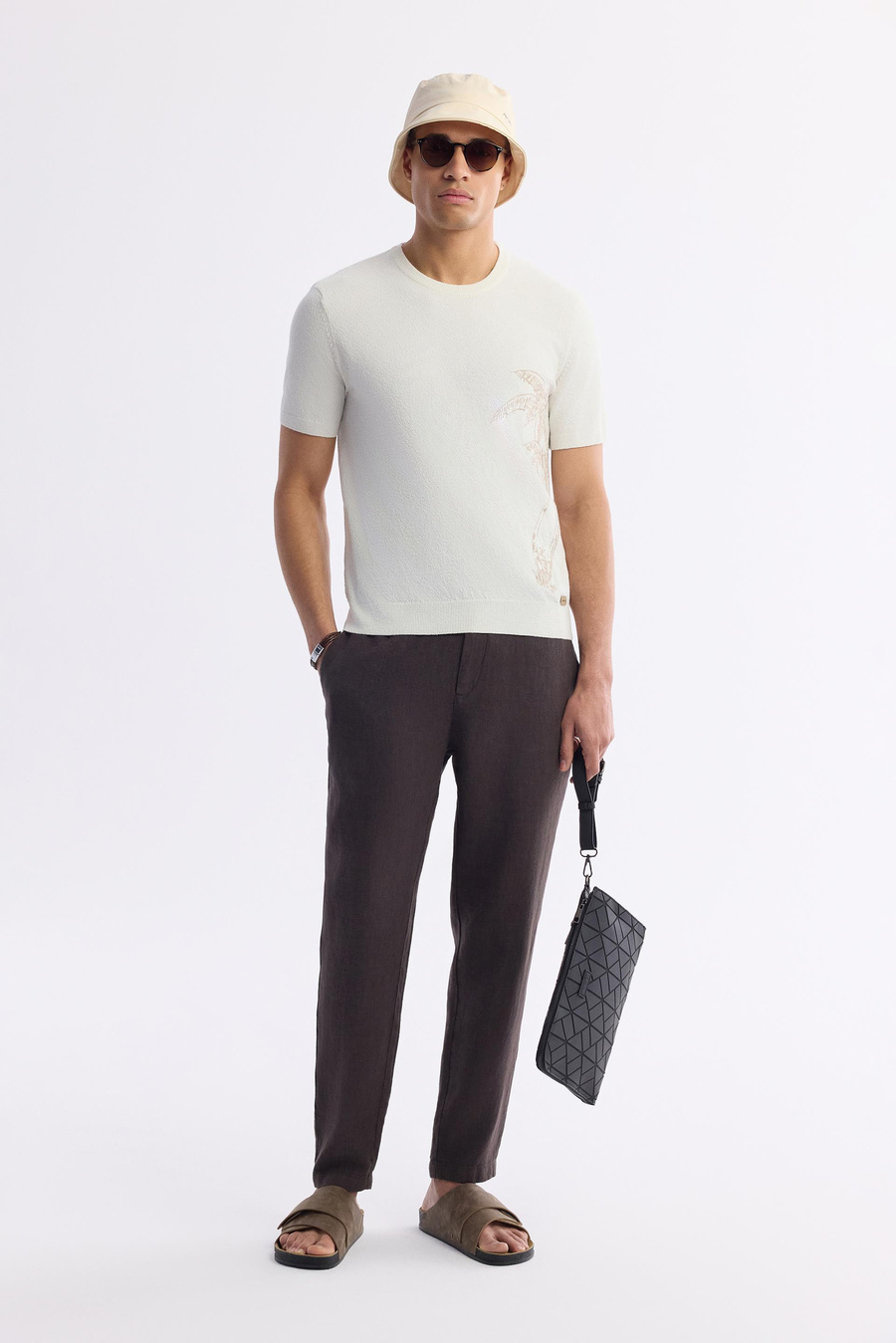 Ekru Bisiklet Yaka  Palmiye Ağaç Nakışlı Buklet İplik Triko T-shirt