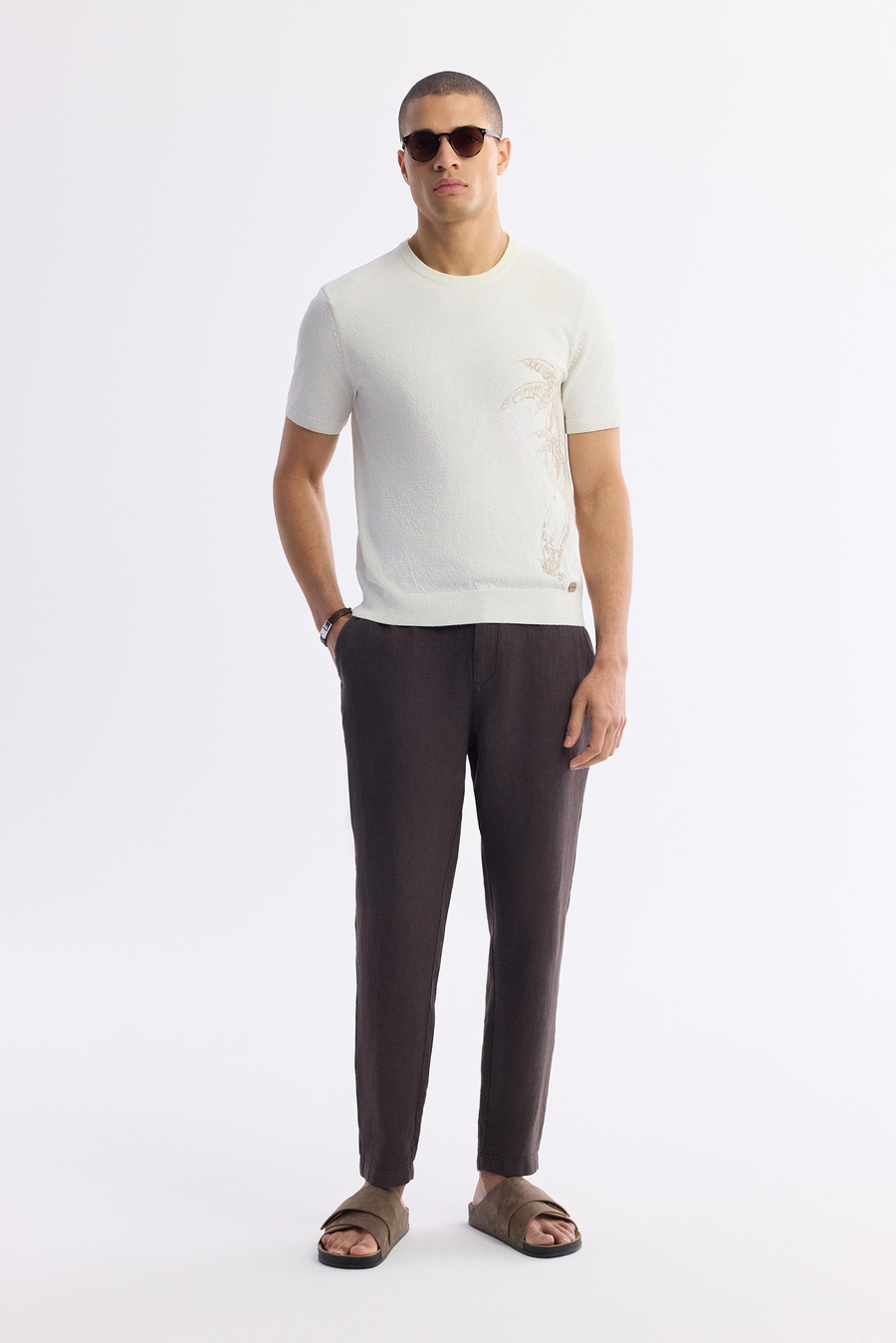 Ekru Bisiklet Yaka  Palmiye Ağaç Nakışlı Buklet İplik Triko T-shirt