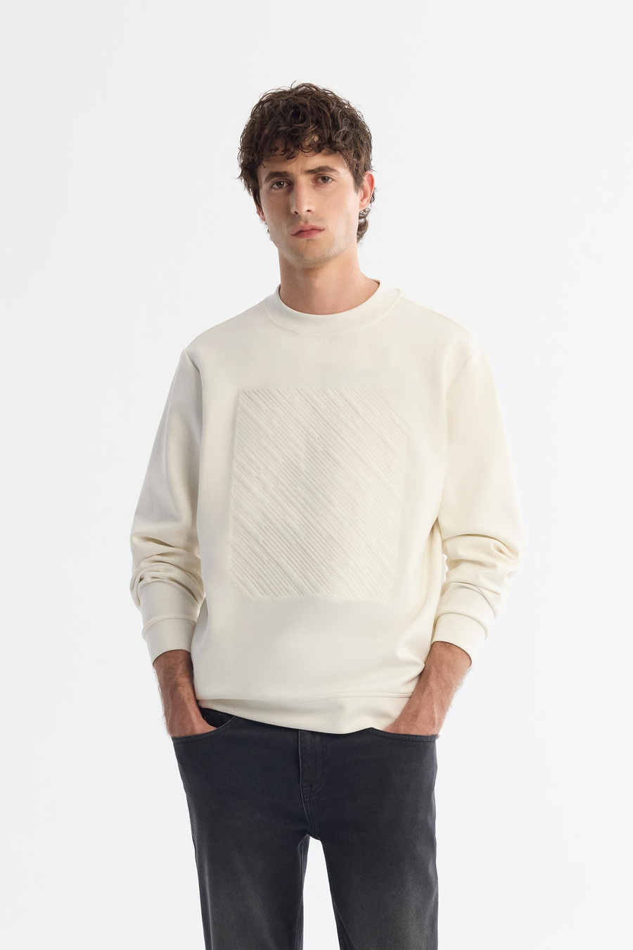 Ecru Crew Neck Printed Sweatshirt