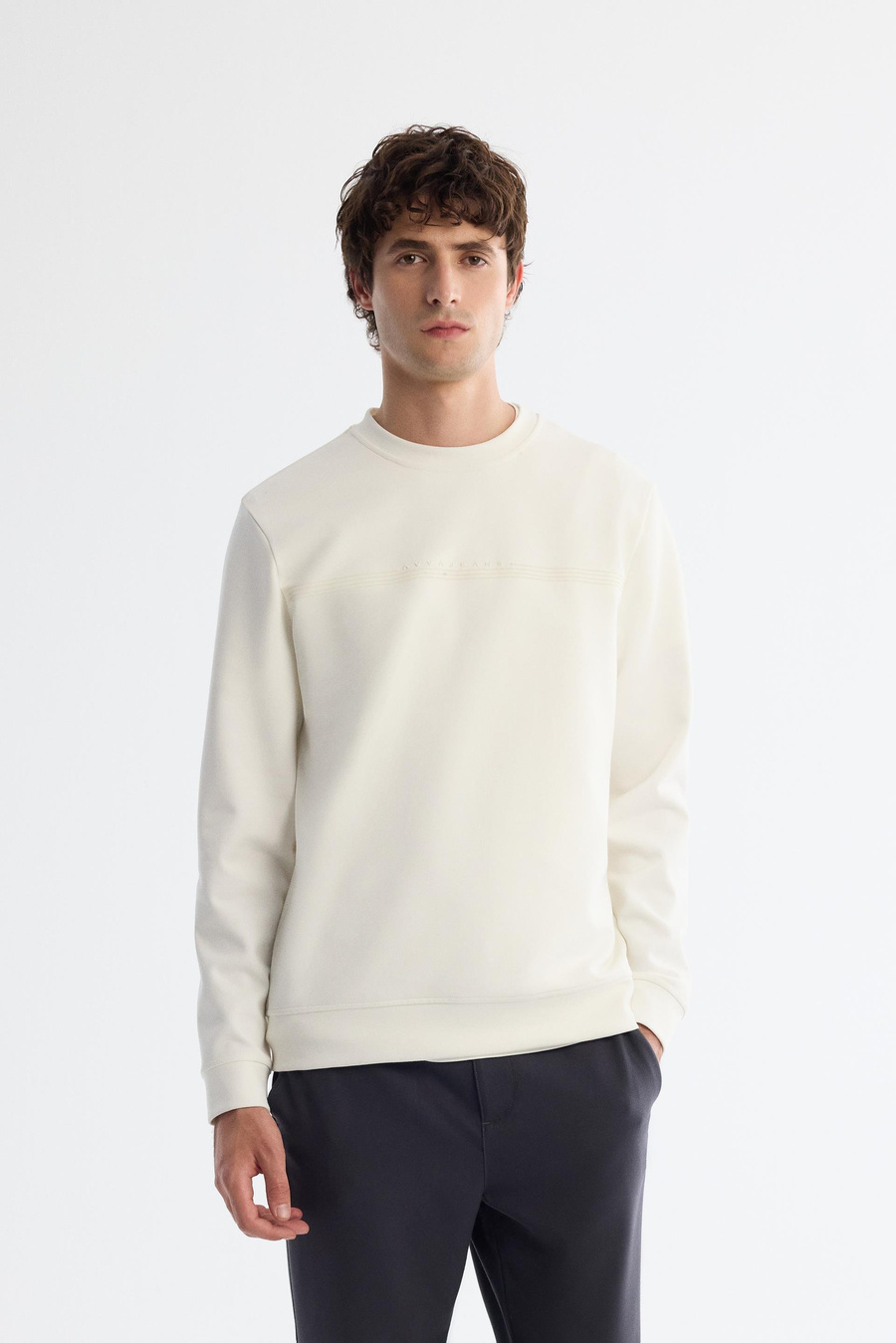 Ekru Bisiklet Yaka Pamuklu Baskılı Sweatshirt