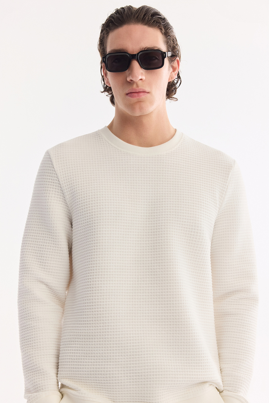 Ekru Bisiklet Yaka Pamuklu Kolay Ütülenen Sweatshirt