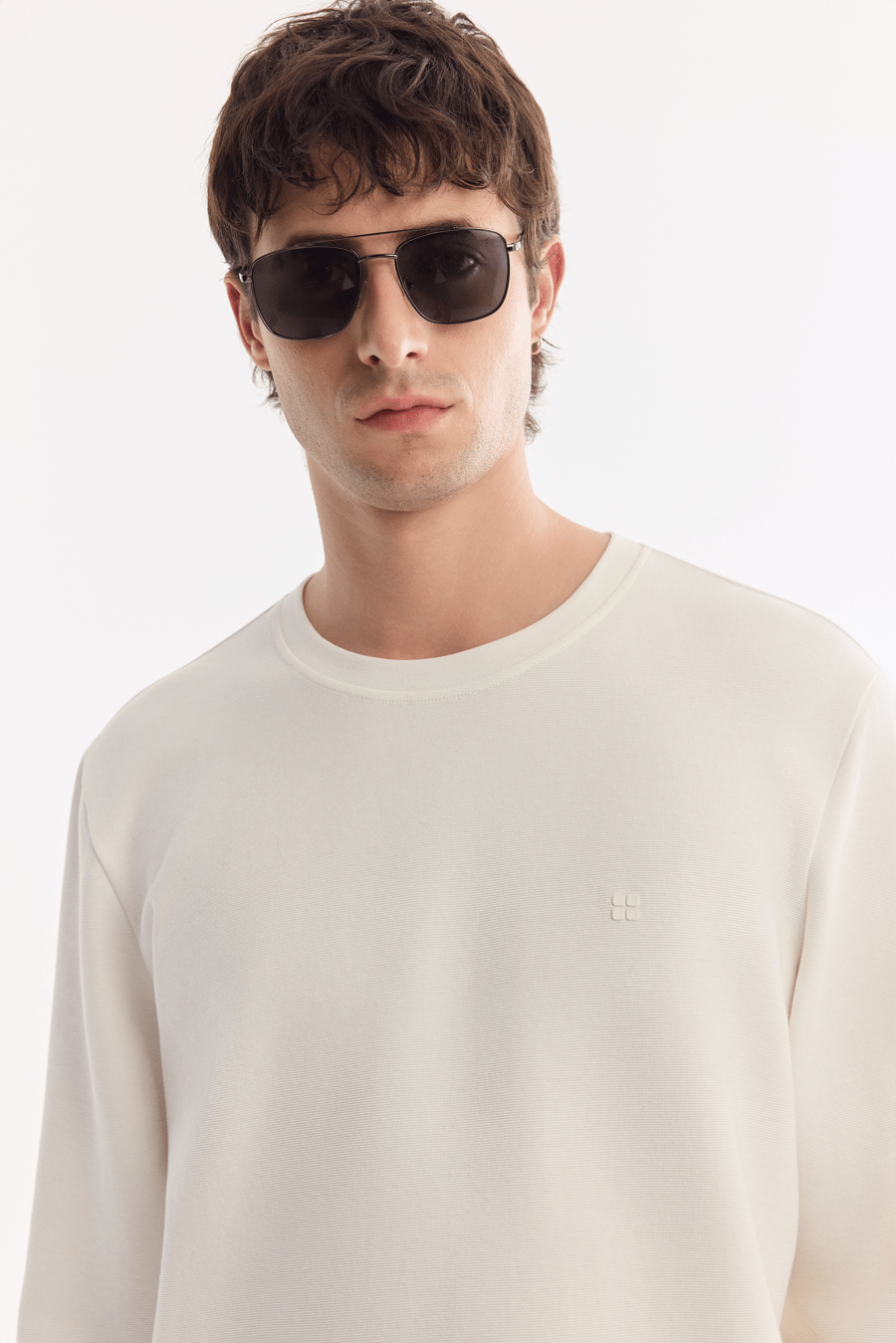 Ekru Bisiklet Yaka Pamuklu Kolay Ütülenen Sweatshirt