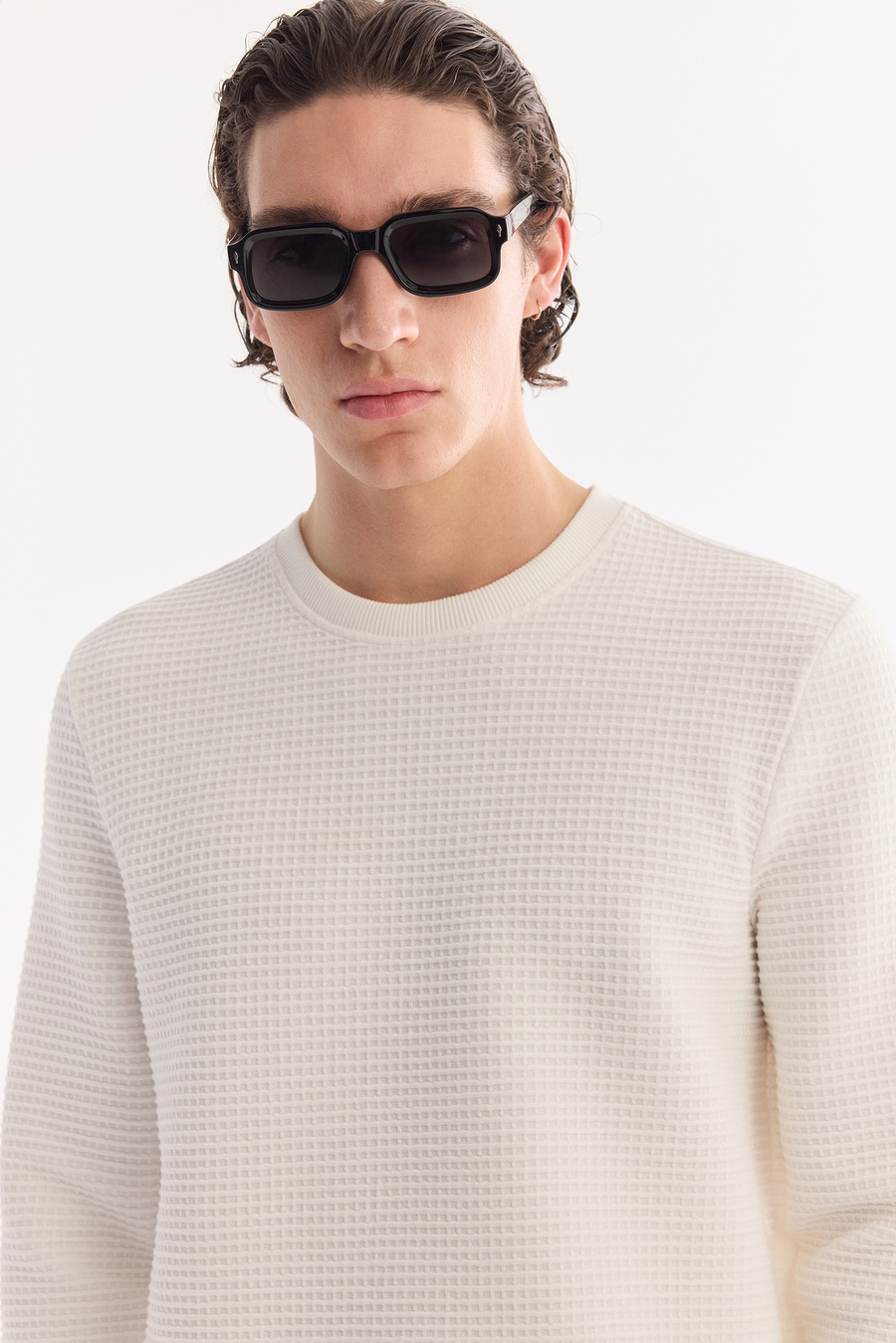 Ekru Bisiklet Yaka Pamuklu Kolay Ütülenen Sweatshirt