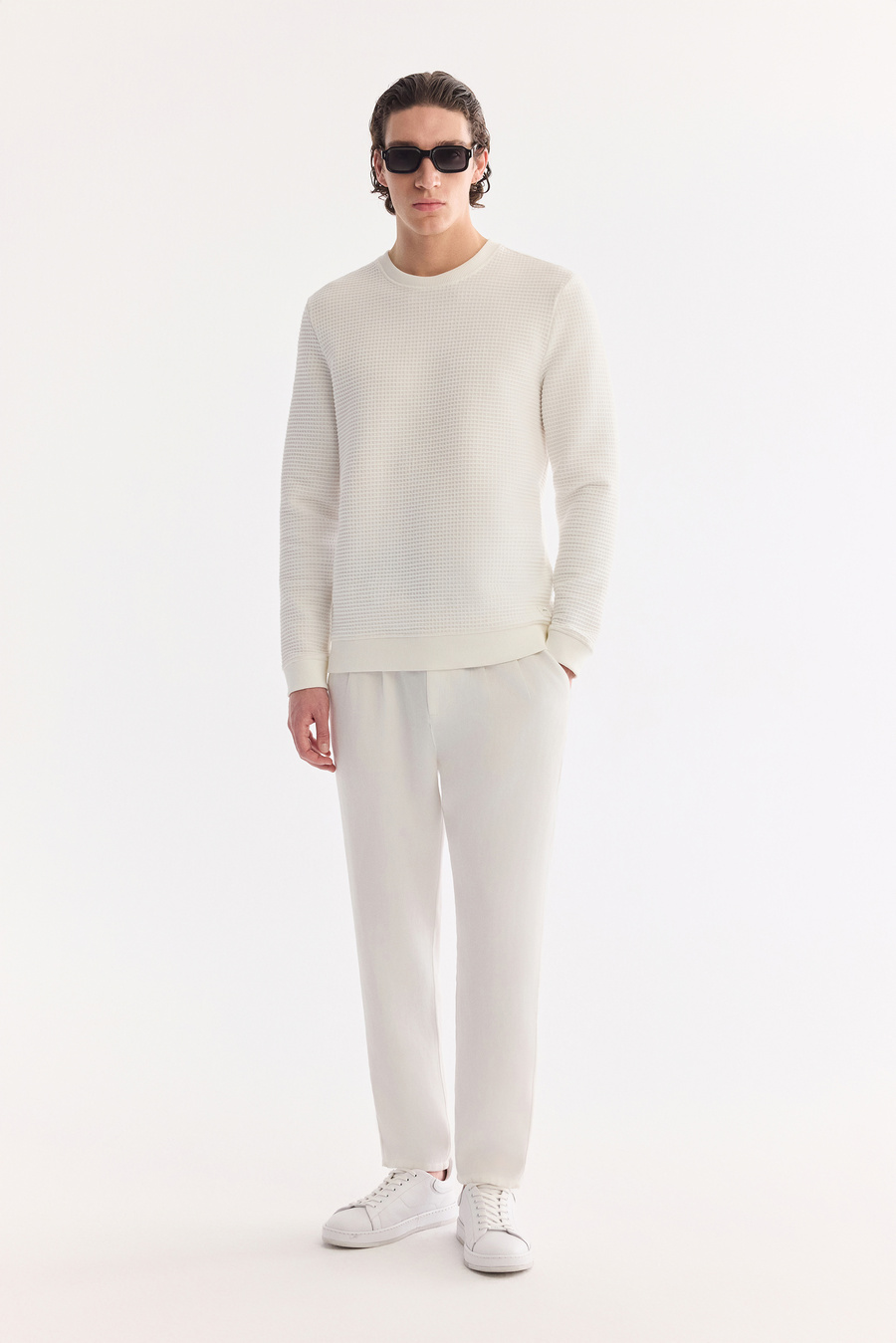 Ekru Bisiklet Yaka Pamuklu Kolay Ütülenen Sweatshirt