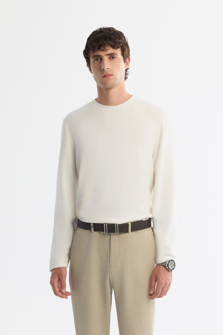 Ecru Crew Neck Long Sleeve T-Shirt