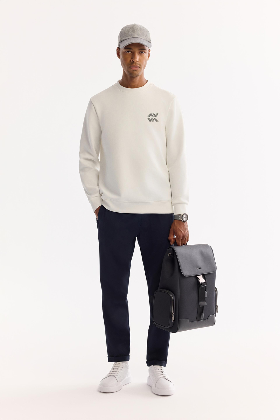 Ekru Bisiklet Yaka Piramit Baskılı İnterlok Sweatshirt