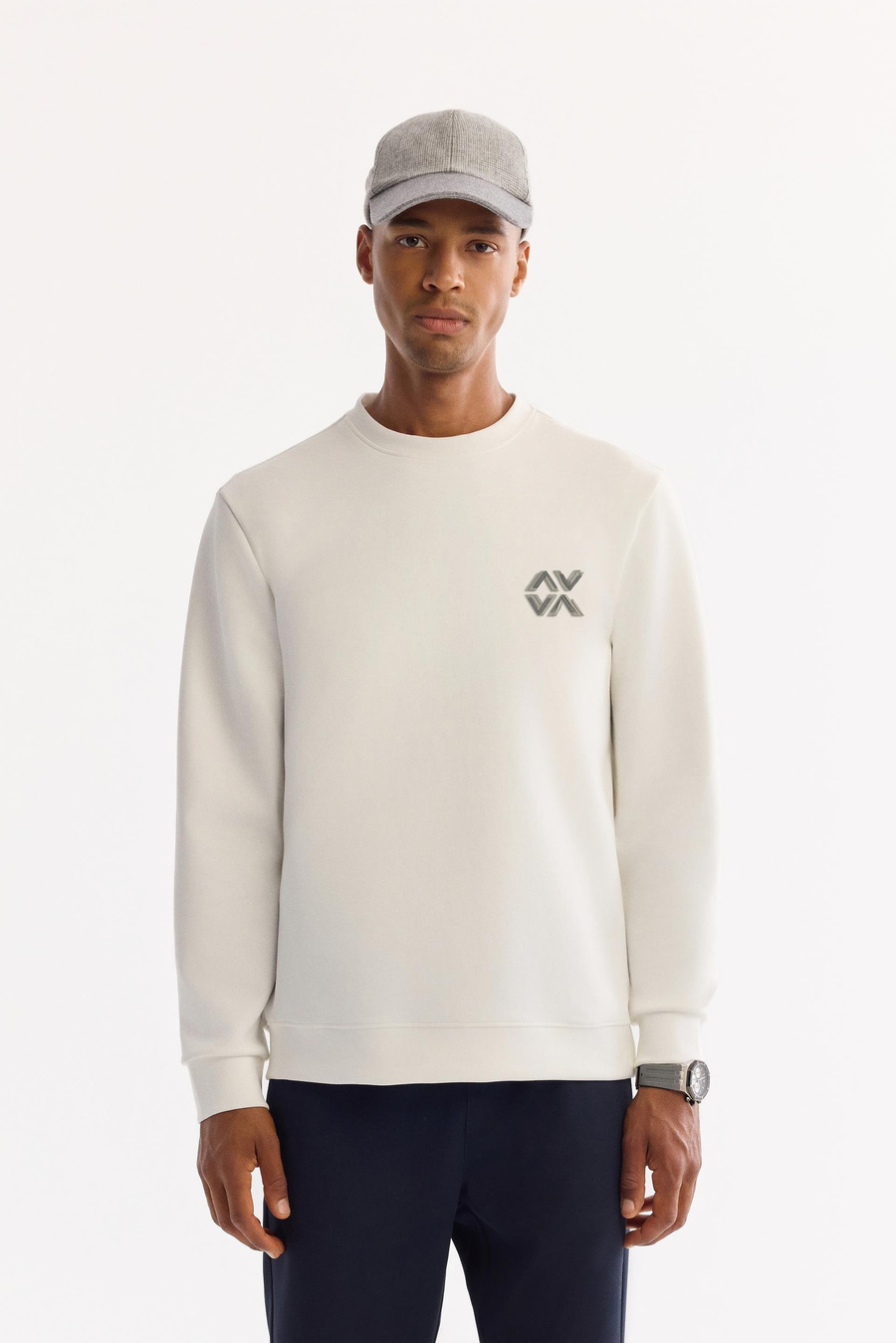 Ekru Bisiklet Yaka Piramit Baskılı İnterlok Sweatshirt