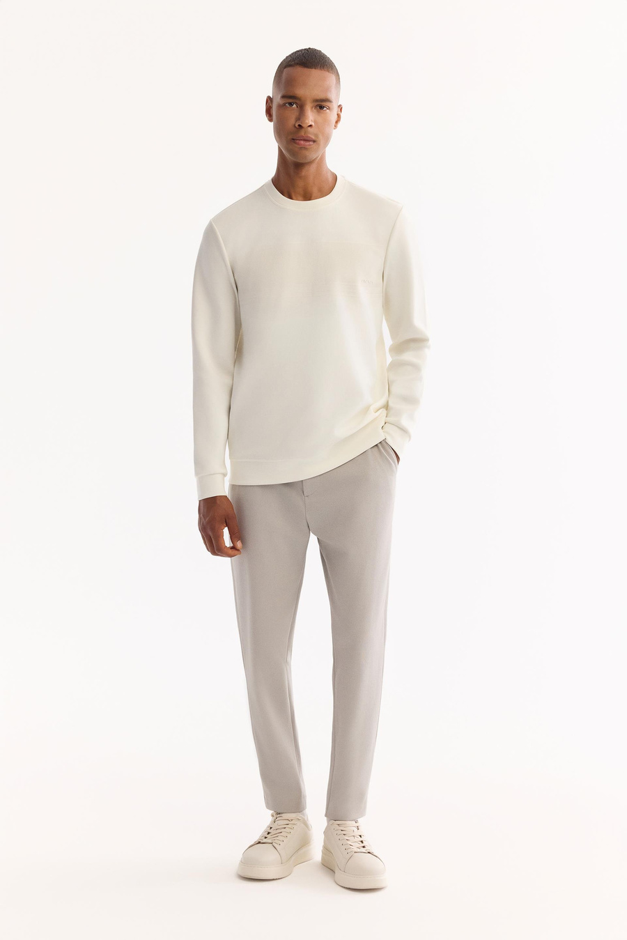 Ekru Bisiklet Yaka Silikon  Baskılı İnterlok Sweatshirt