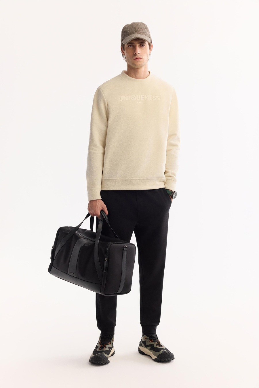 Ekru Bisiklet Yaka Slogan  Baskılı Polar Sweatshirt