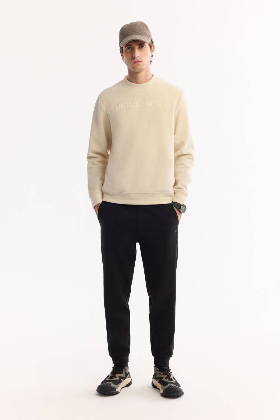 Ekru Bisiklet Yaka Slogan  Baskılı Polar Sweatshirt