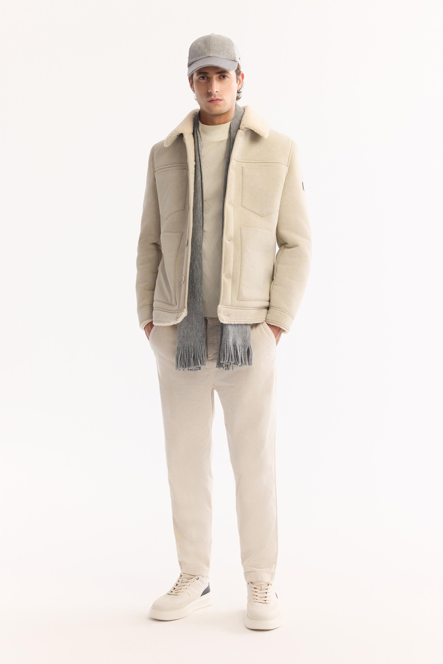 Ekru Ceket Yaka Kürklü Napa Mont