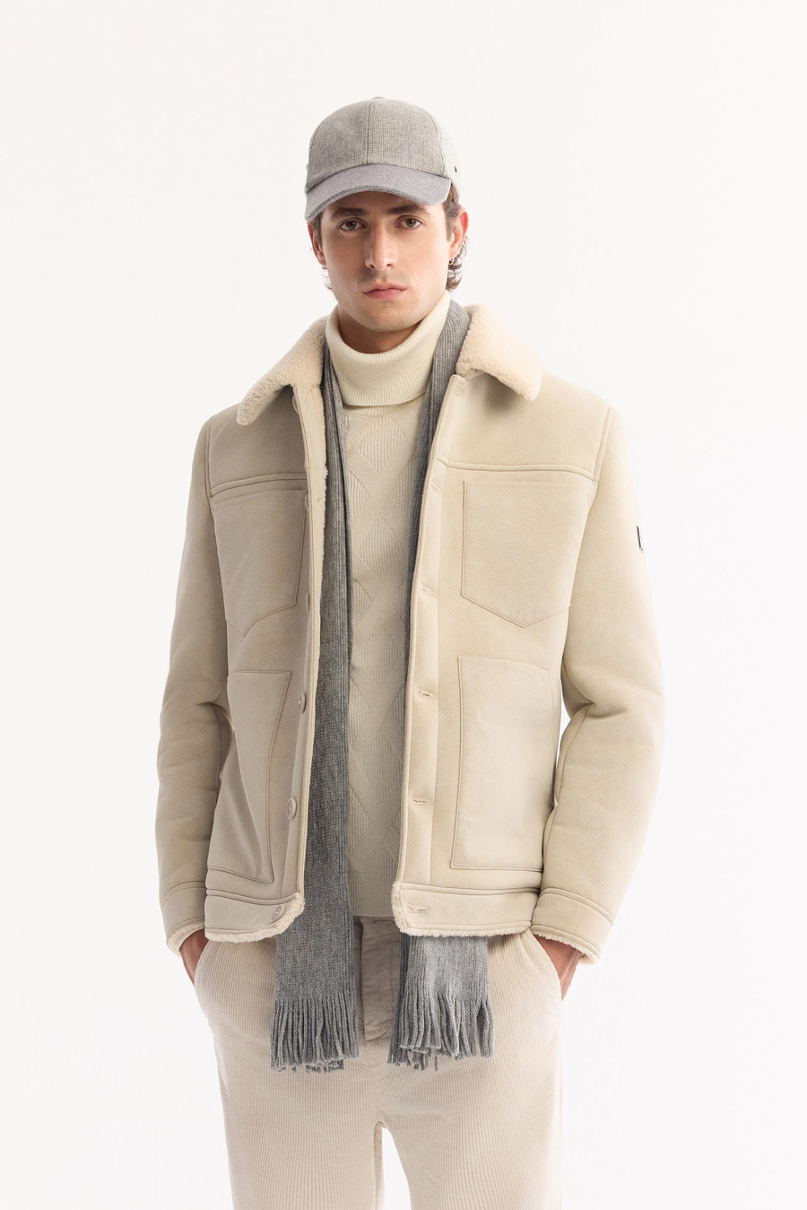 Ekru Ceket Yaka Kürklü Napa Mont