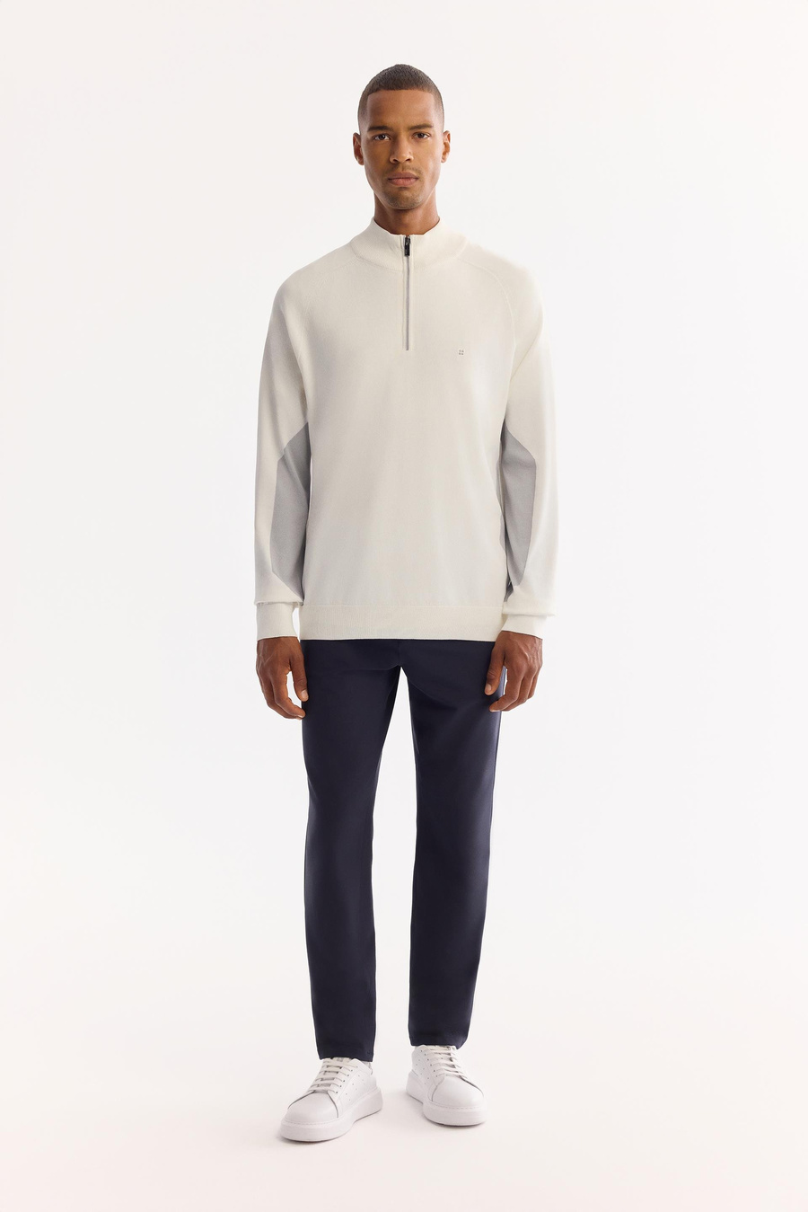 Ekru Dik Yaka Fermuarlı Blok Renkli Rayon Kazak