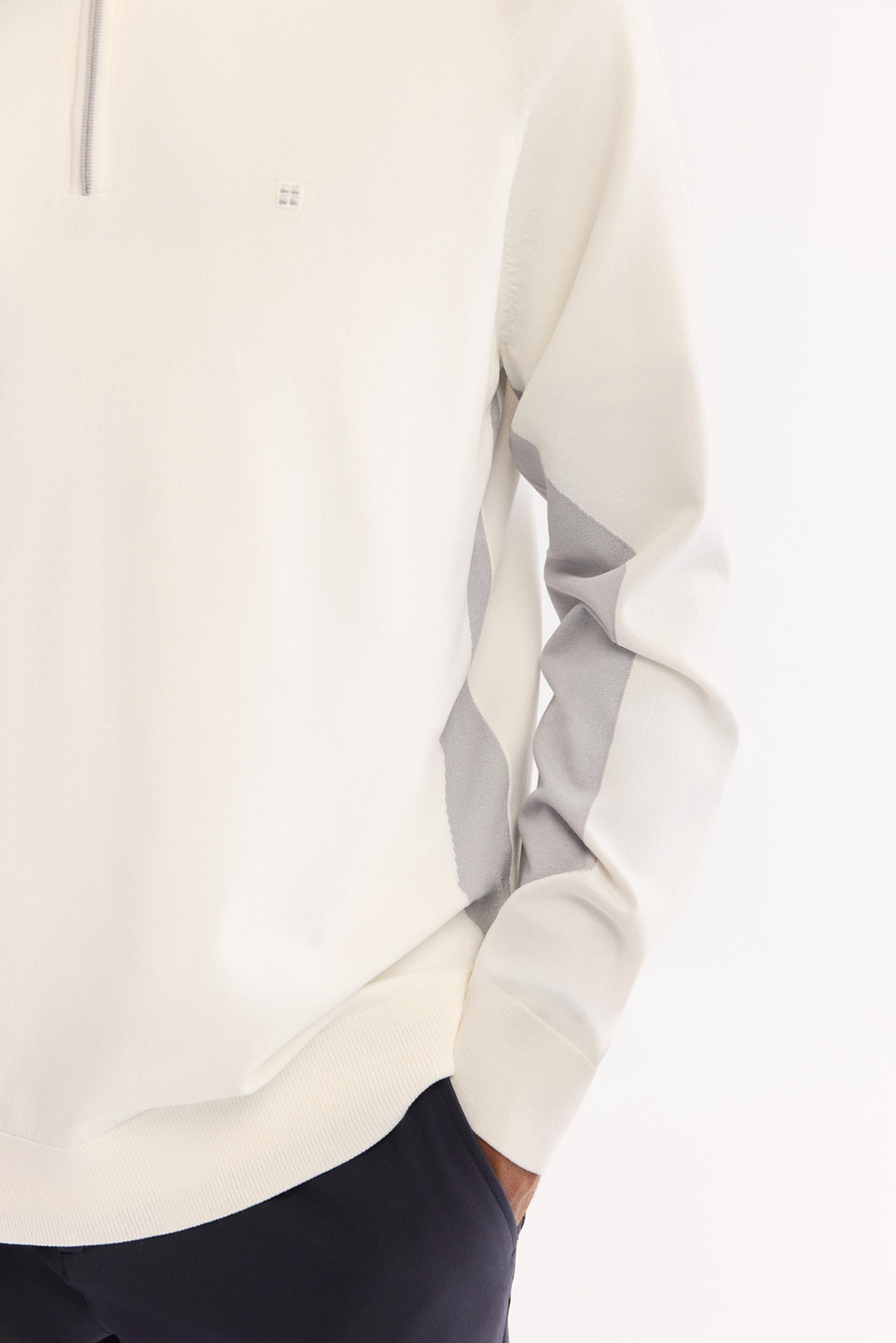 Ekru Dik Yaka Fermuarlı Blok Renkli Rayon Kazak