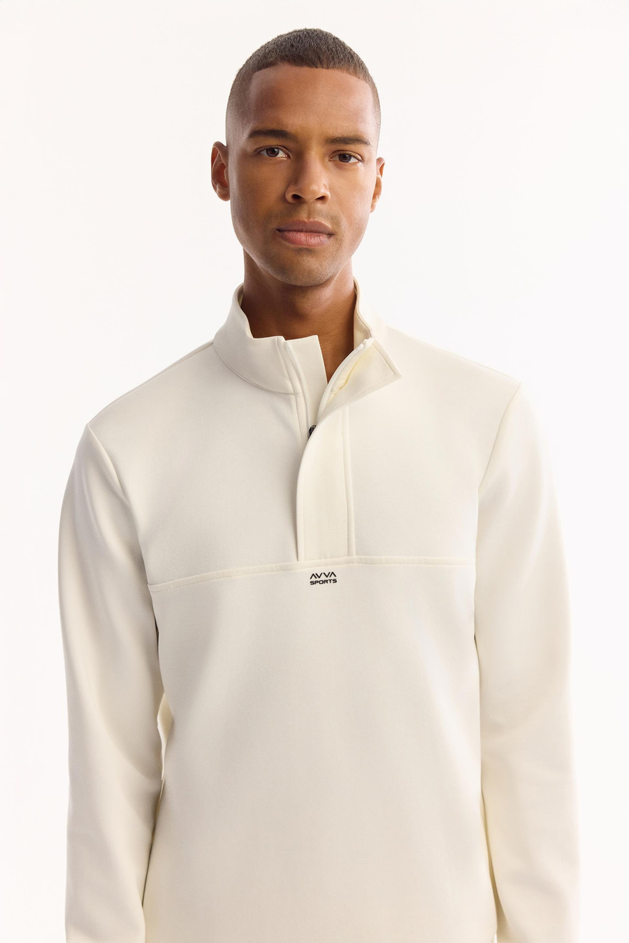 Ekru Dik Yaka  Fermuarlı Gizli Pat  İnterlok Sweatshirt