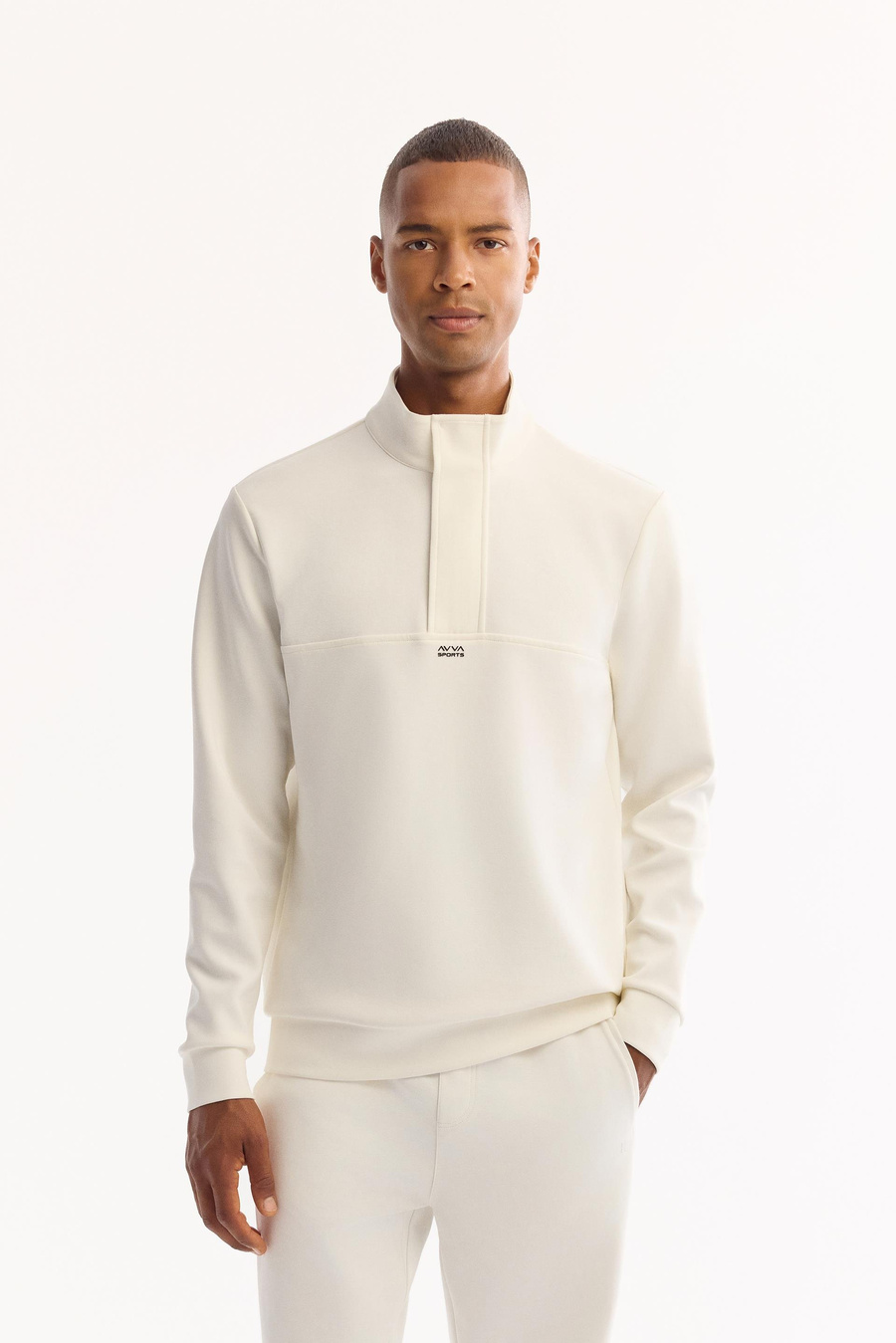 Ekru Dik Yaka  Fermuarlı Gizli Pat  İnterlok Sweatshirt