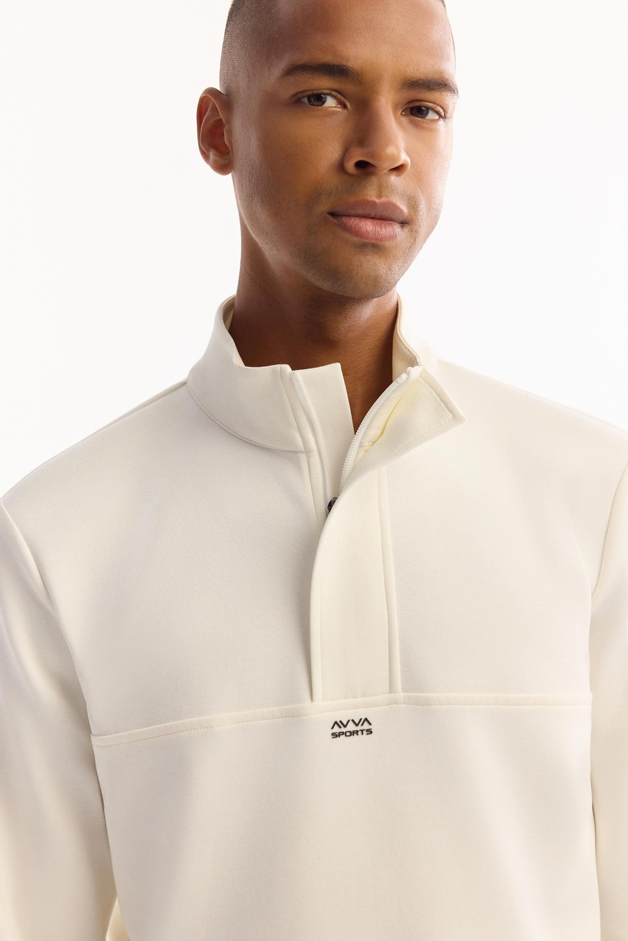 Ekru Dik Yaka  Fermuarlı Gizli Pat  İnterlok Sweatshirt