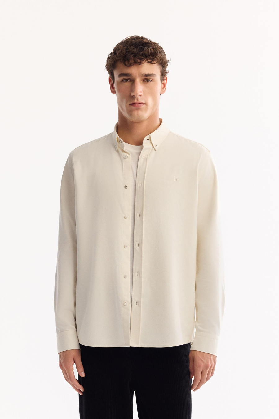 Ekru Düğmeli Yaka Pamuklu Uzun Kollu Regular Fit Gömlek