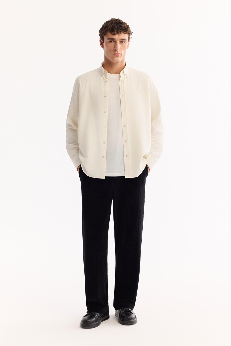 Ekru Düğmeli Yaka Pamuklu Uzun Kollu Regular Fit Gömlek