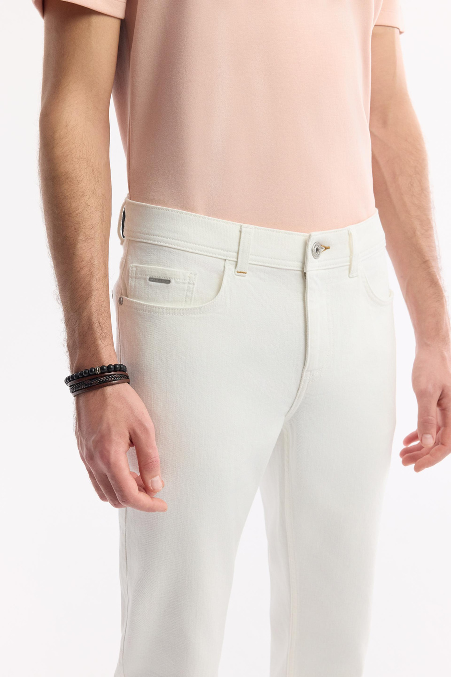 Ekru Düz Yıkamalı Slikonlu Slim Fit Denim Pantolon