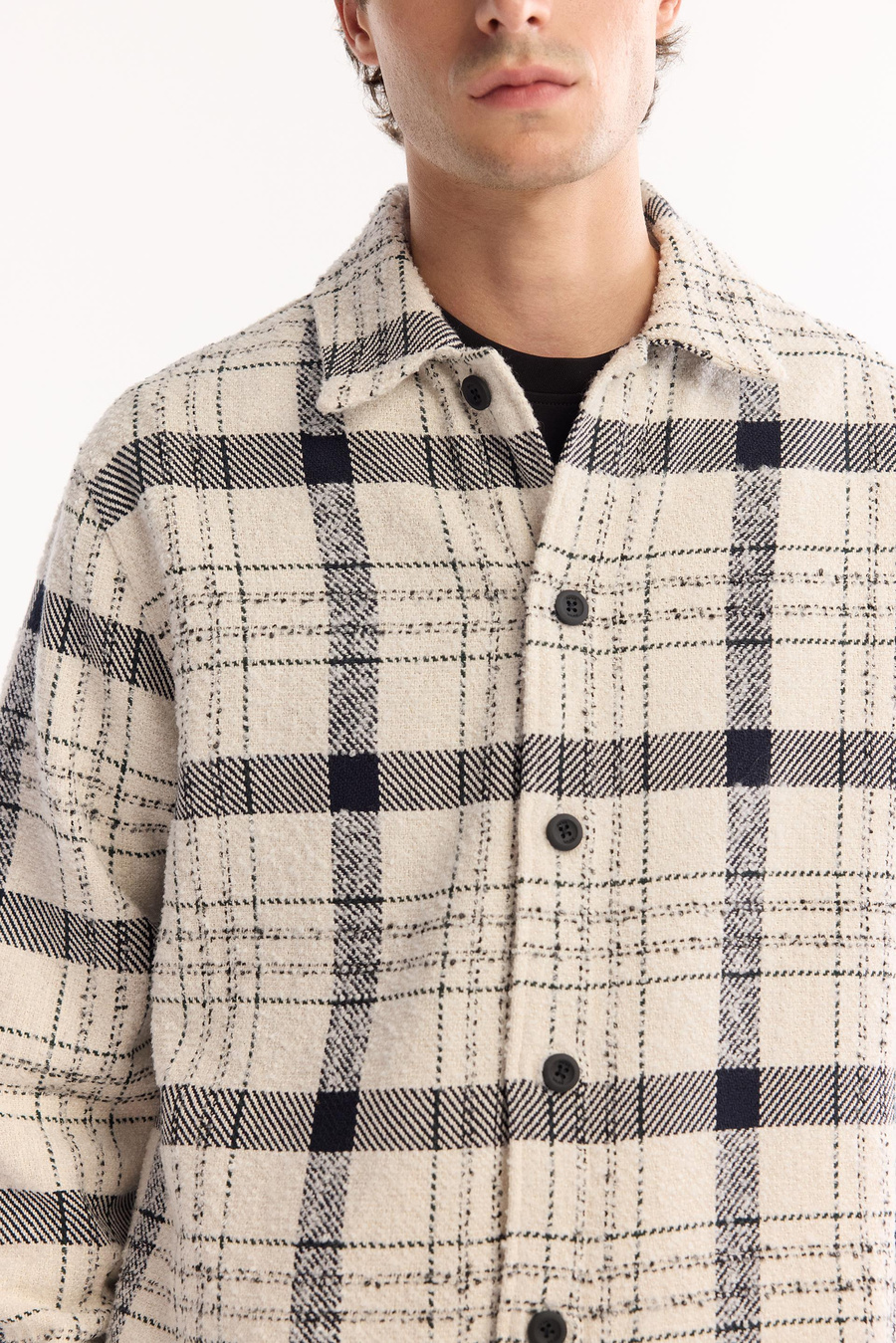 Ekru Ekose Desenli Klasik Yaka Comfort Fit Uzun Kollu Gömlek Ceket