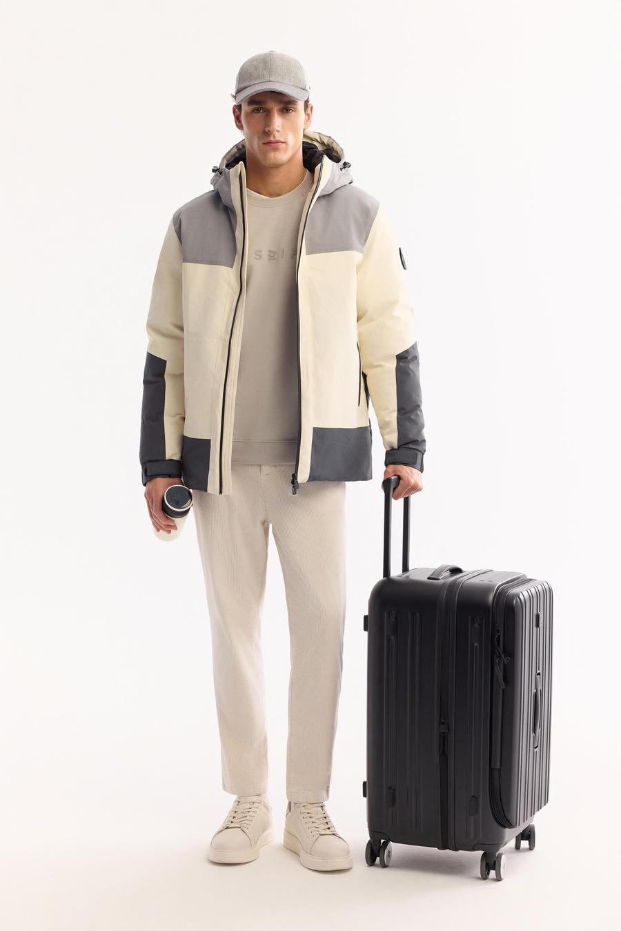 Ekru-Gri Kapüşonlu Mont