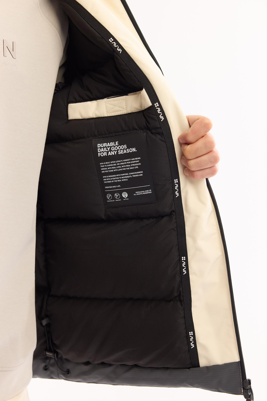 Ekru-Gri Kapüşonlu Mont