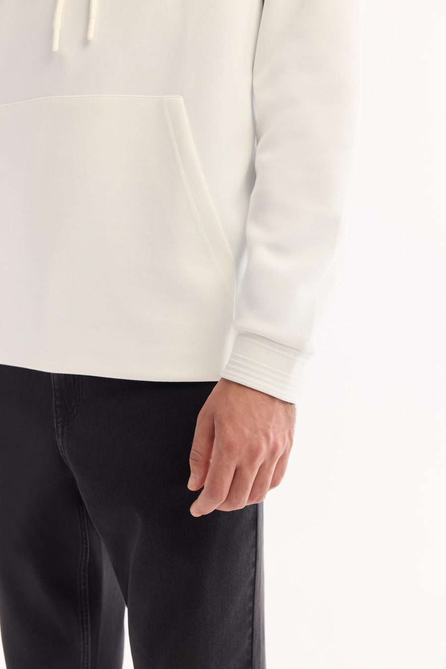 Ekru Kapüşonlu Yaka Kanguru Cepli   İnterlok Sweatshirt