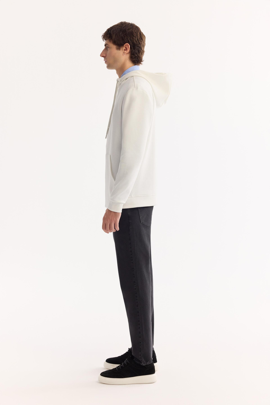 Ekru Kapüşonlu Yaka Kanguru Cepli   İnterlok Sweatshirt