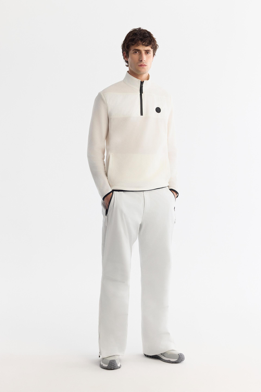 Ekru Paraşüt Garnili Yarım Fermuar Polar Sweatshirt