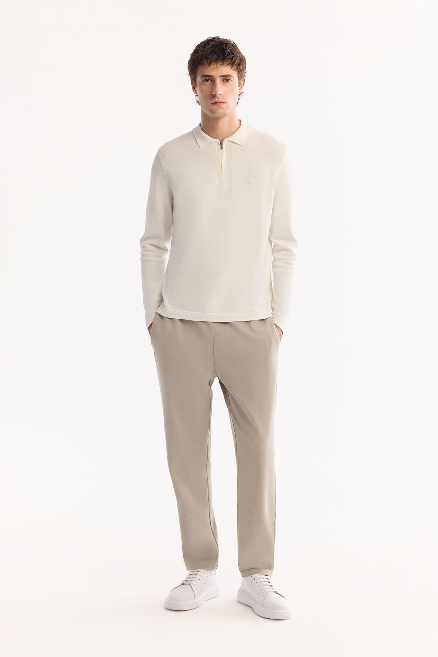 Ekru Polo Yaka Basic Düz Rayon Kazak