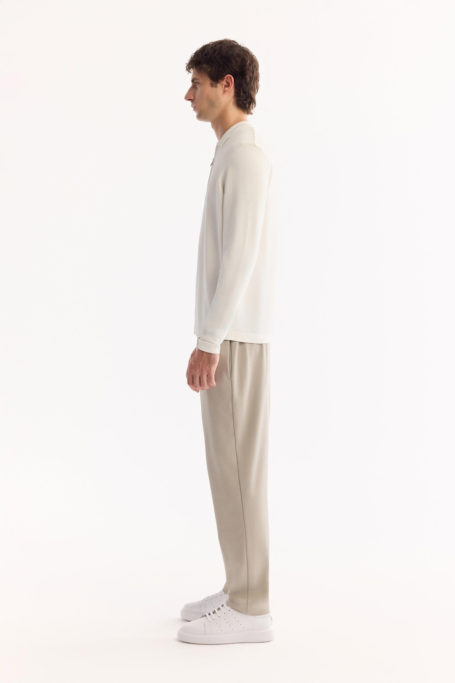 Ekru Polo Yaka Basic Düz Rayon Kazak