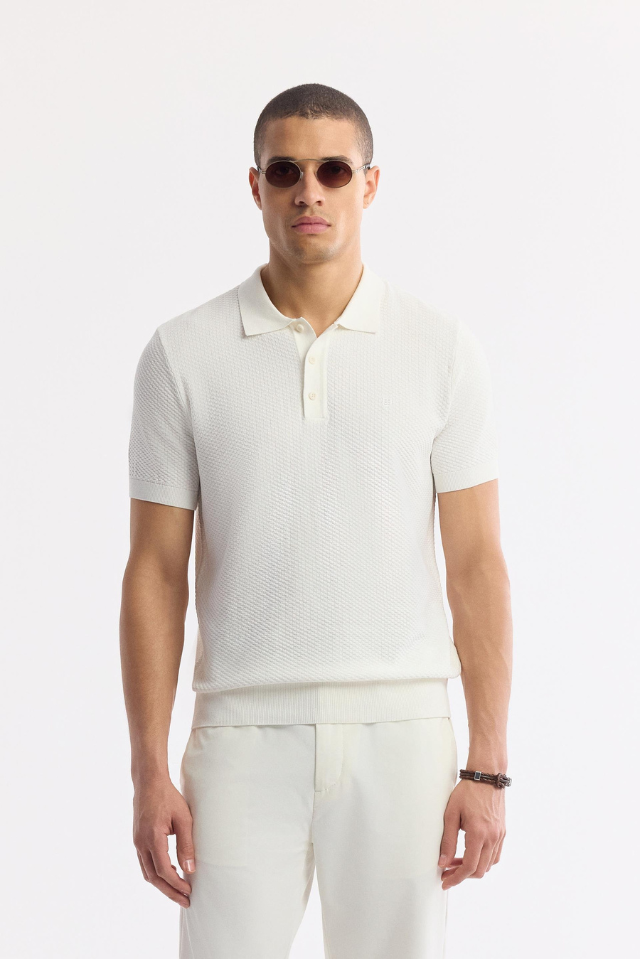 Ekru Polo Yaka Dokulu Triko T-shirt