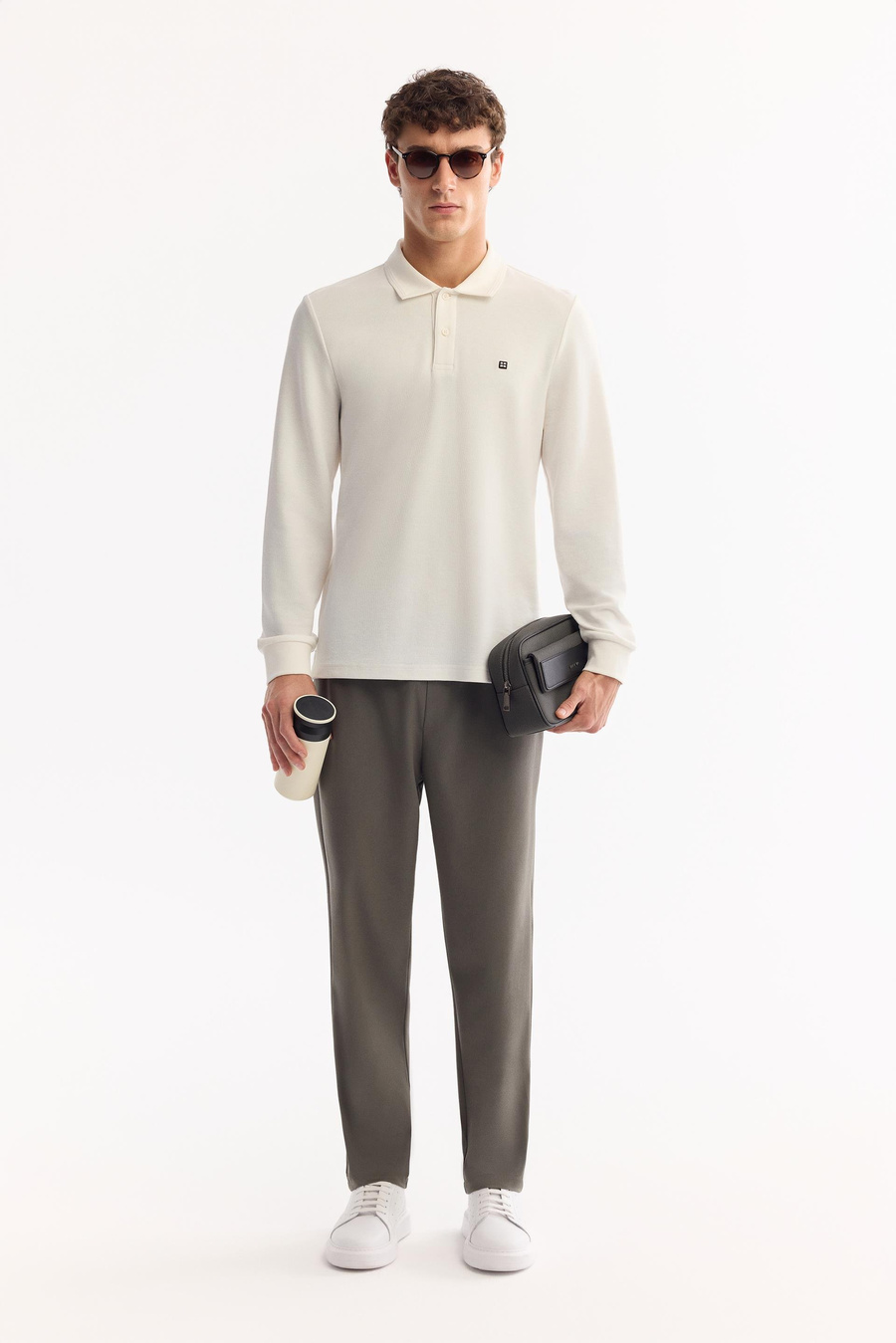 Ekru Polo Yaka Düz Uzun Kol T-shirt