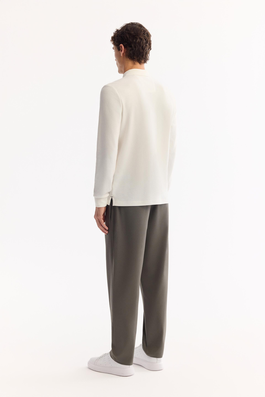 Ekru Polo Yaka Düz Uzun Kol T-shirt