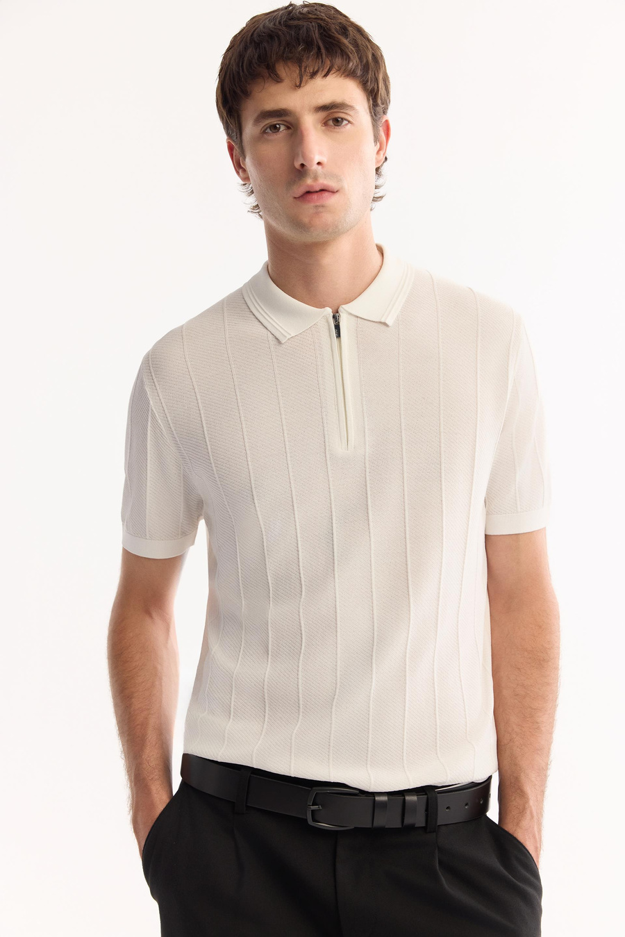 Ekru Polo Yaka Fermuarlı Dokulu Rayon Triko T-shirt