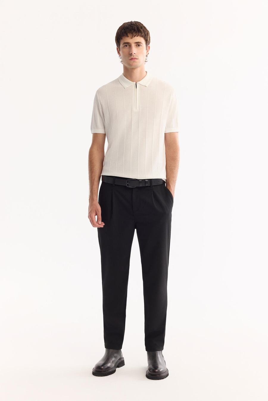 Ekru Polo Yaka Fermuarlı Dokulu Rayon Triko T-shirt