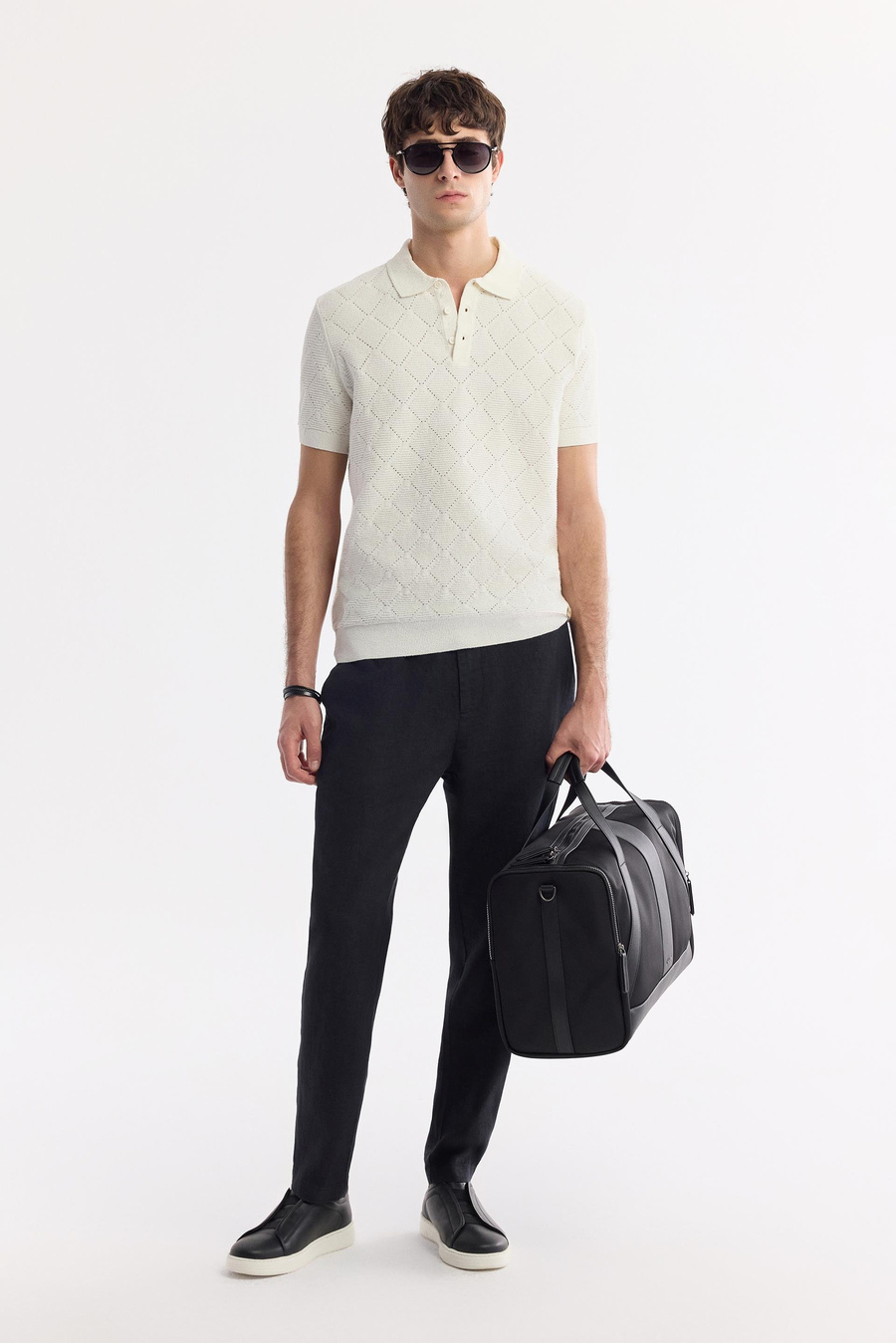 Ekru Polo Yaka Jakarlı Buklet İplik Triko T-shirt