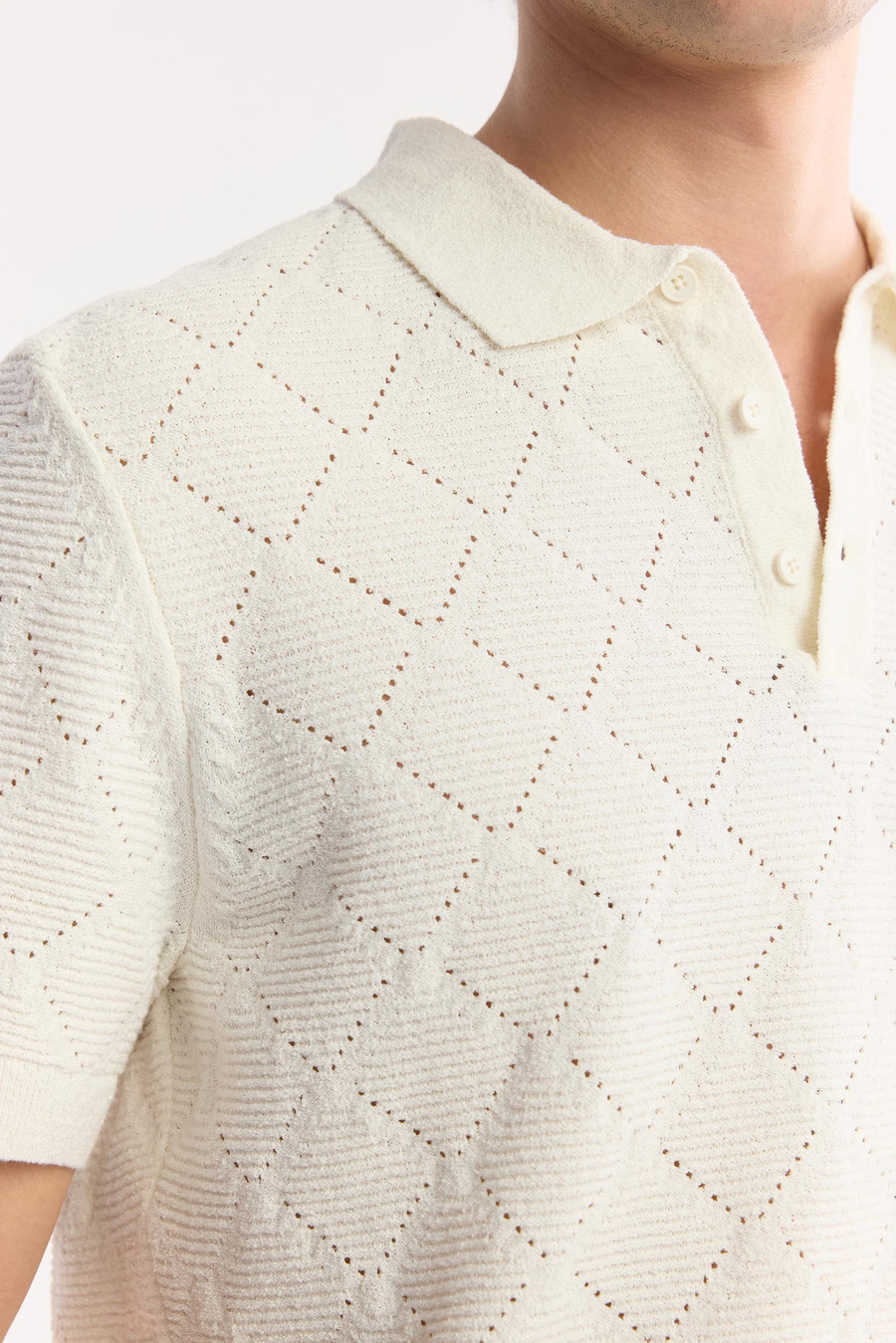 Ekru Polo Yaka Jakarlı Buklet İplik Triko T-shirt