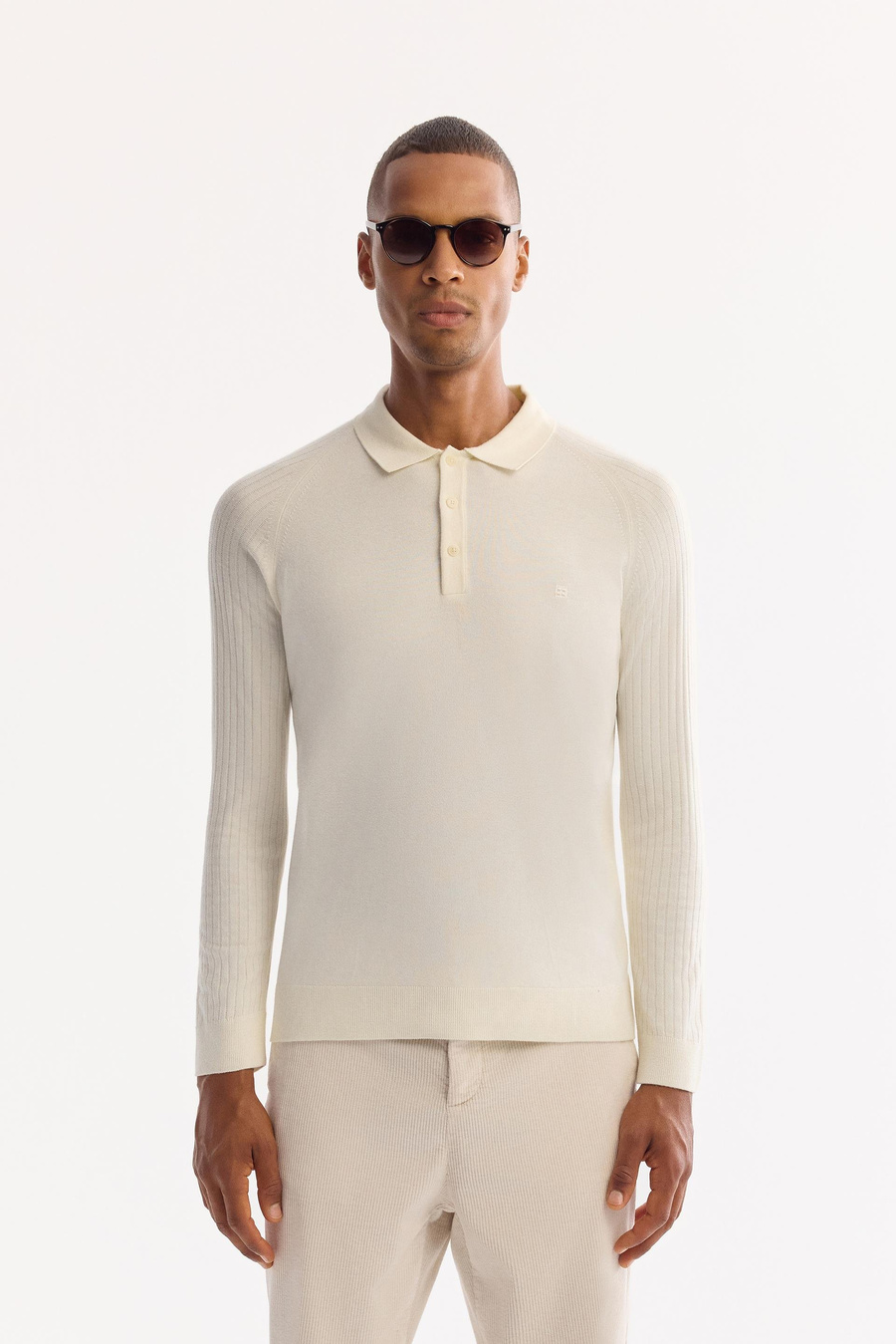 Ekru Polo Yaka Kolları Çizgi Örgü Detaylı Shoft Touch Kazak