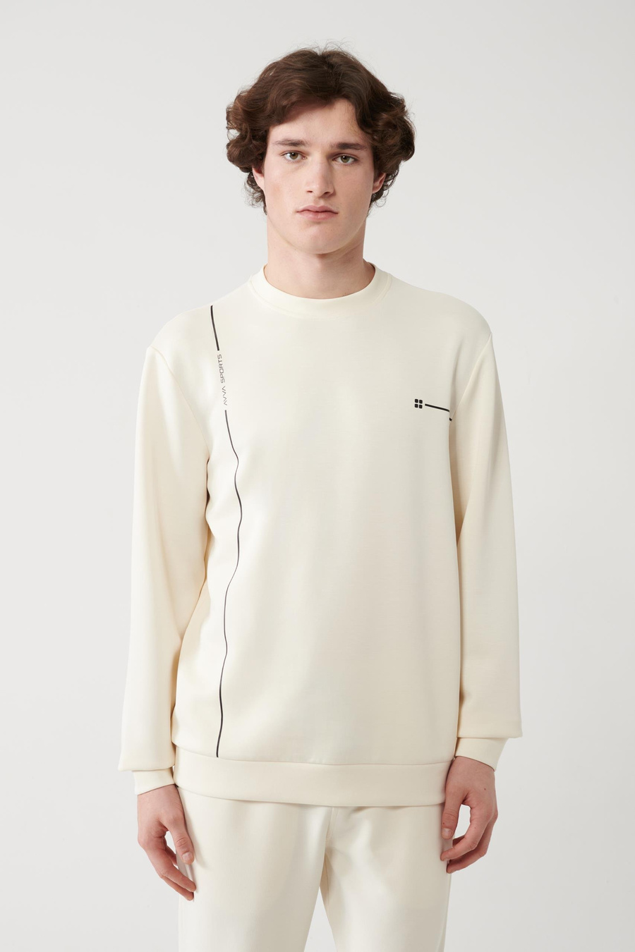 Ekru Soft Touch Bisiklet Yaka Baskılı Sweatshirt