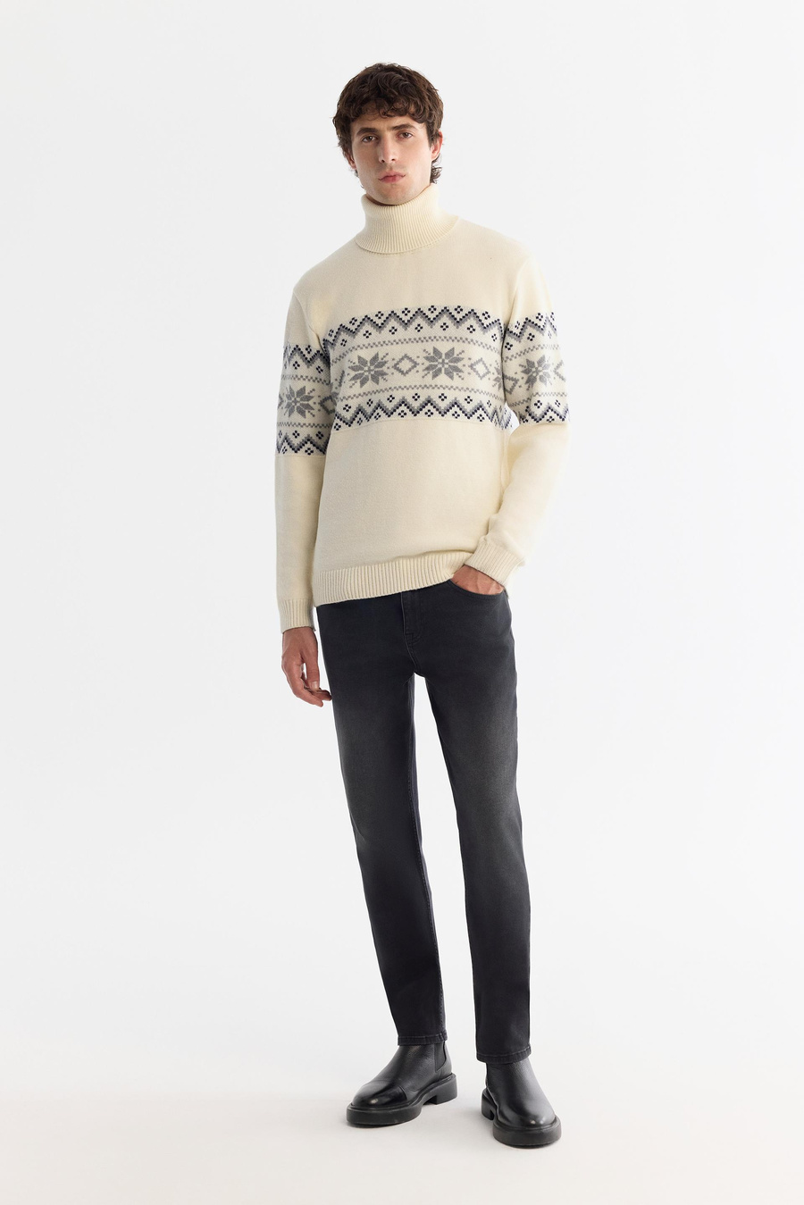 Ekru Yarım Balıkçı Yaka Kar Desenli Blok Renkli Kalın Kazak