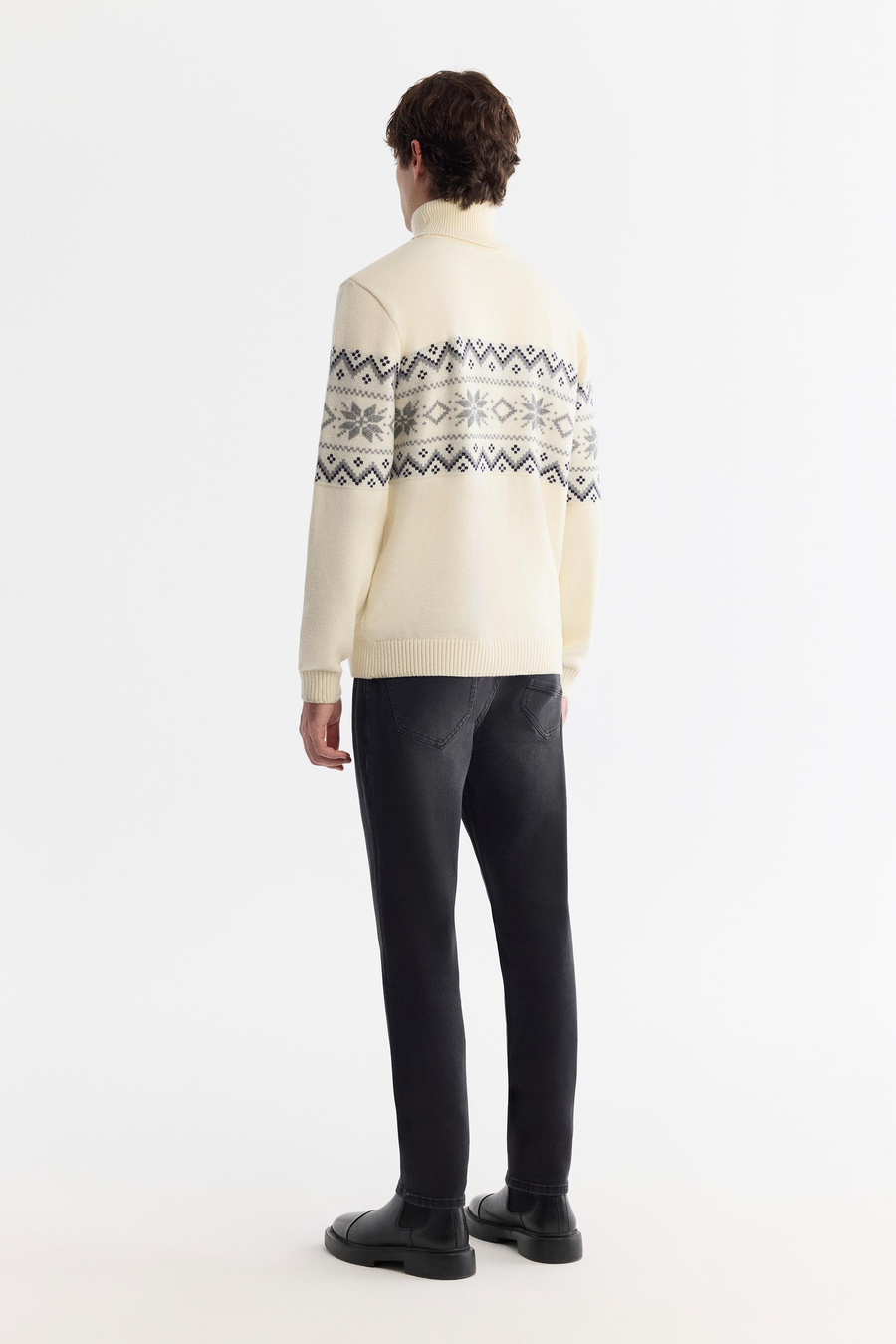 Ekru Yarım Balıkçı Yaka Kar Desenli Blok Renkli Kalın Kazak