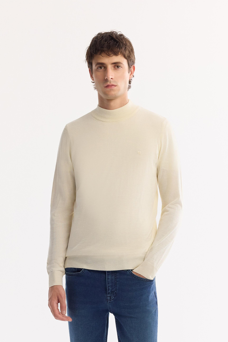 Ekru Yarım Balıkçı Yaka Yün Karışımlı Triko Kazak